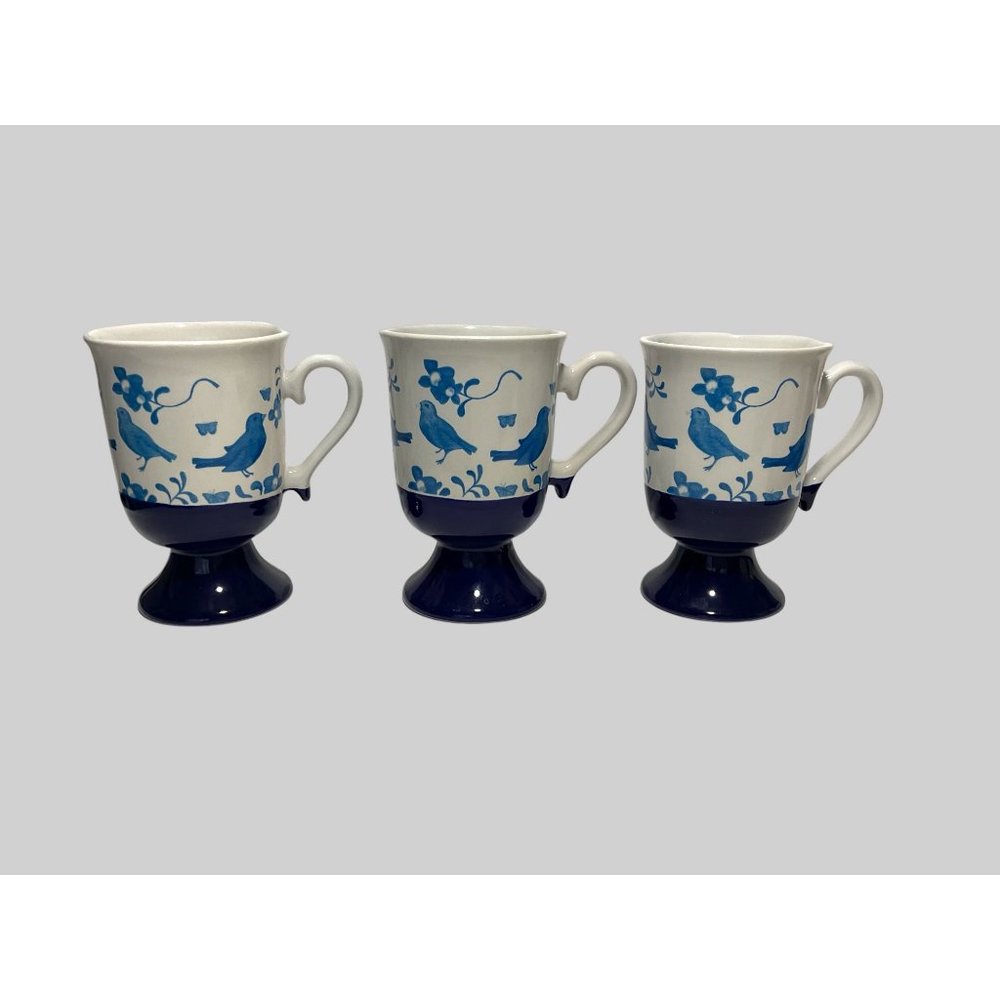 Set of 3 Vintage Blue Folk Art Birds Pedestal Mugs Cups Cobalt Blue White